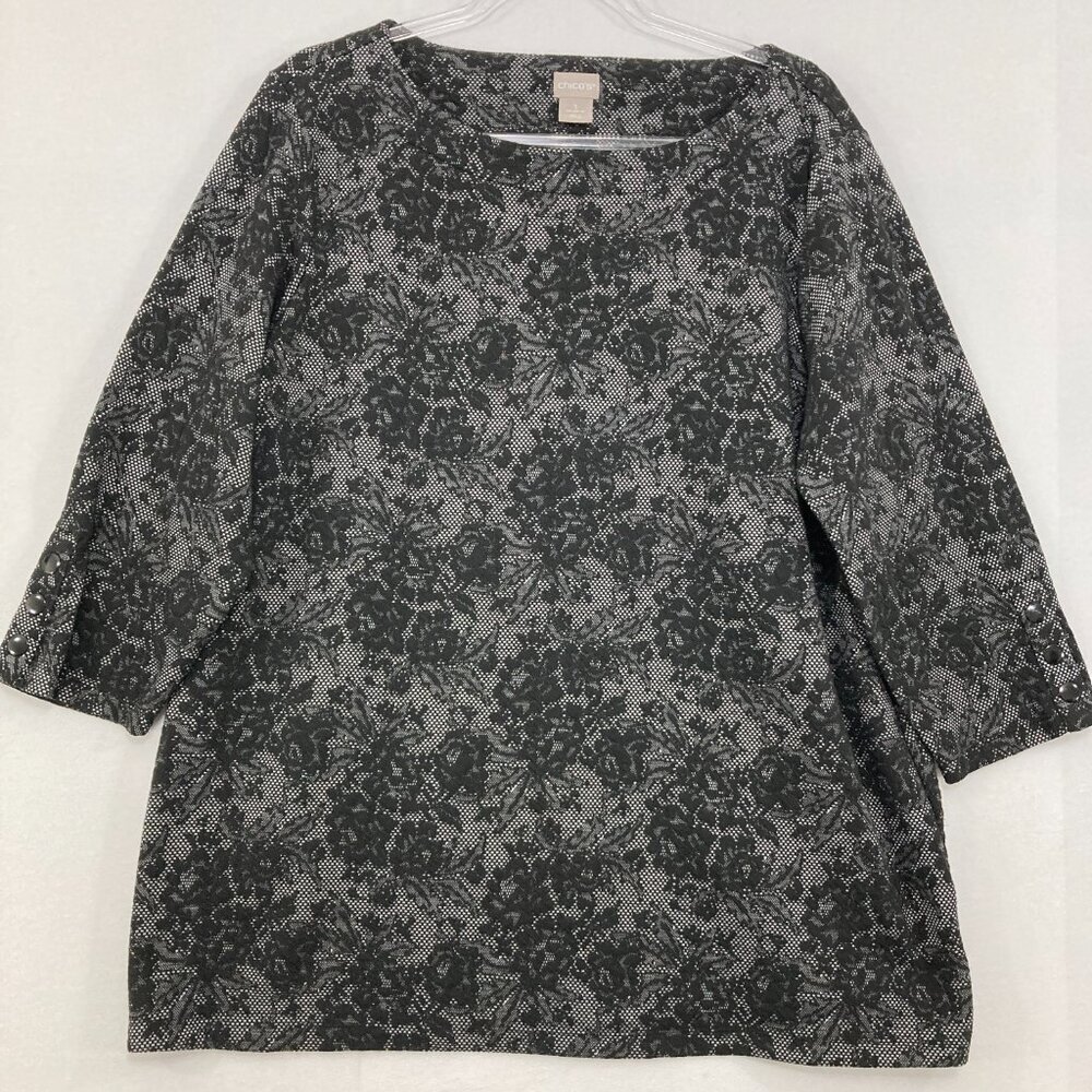 Chico's size XL/3 Black‎ Floral Abstract 3/4 Sleeve Pullover Knit Blouse